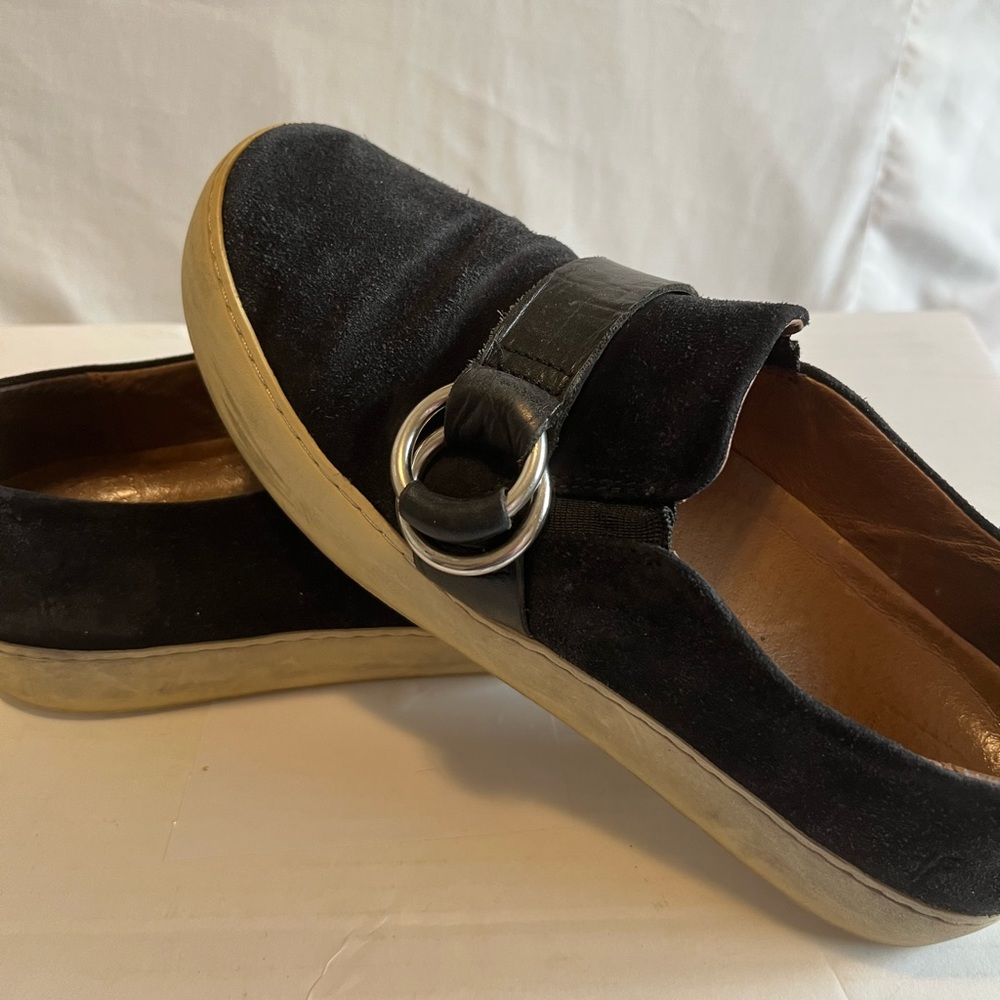 Frye slip on- suede black- size 8, side buckle